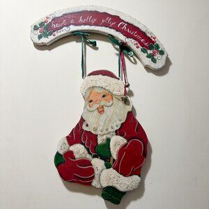 Vintage Handmade Wooden Santa Sign Holly Christmas Hand Painted Kitschy Wood